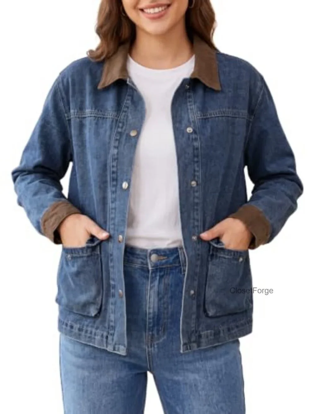 Oversized Y2K Denim Jacket Vintage Relaxed Fit Faux Leather Collar Long Sleeve